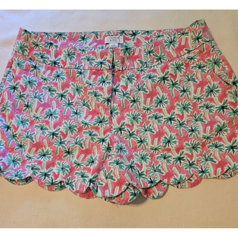 Crown &Ivy Shelby 10 Short Short Pink Palms Scalloped Preppy Beach Resortcore90s